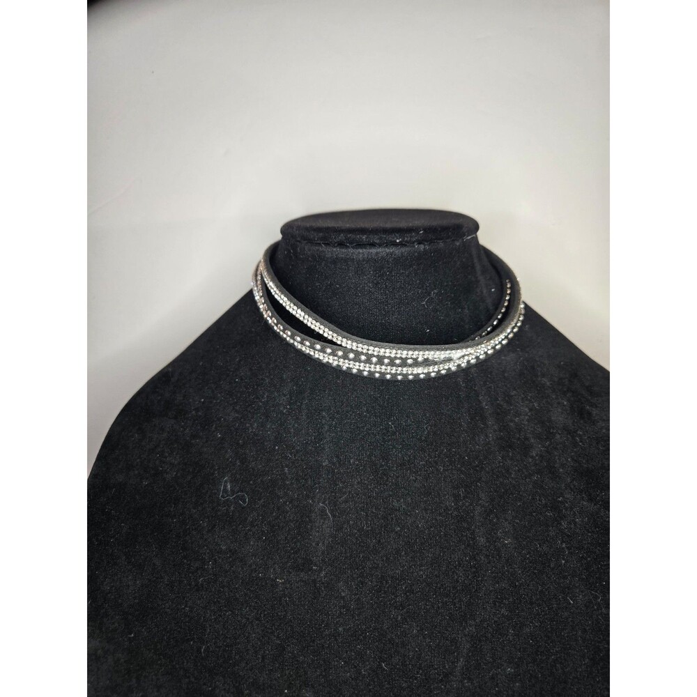 Layered Fabric Choker Necklace Rhinestones and Silver Tone Beads